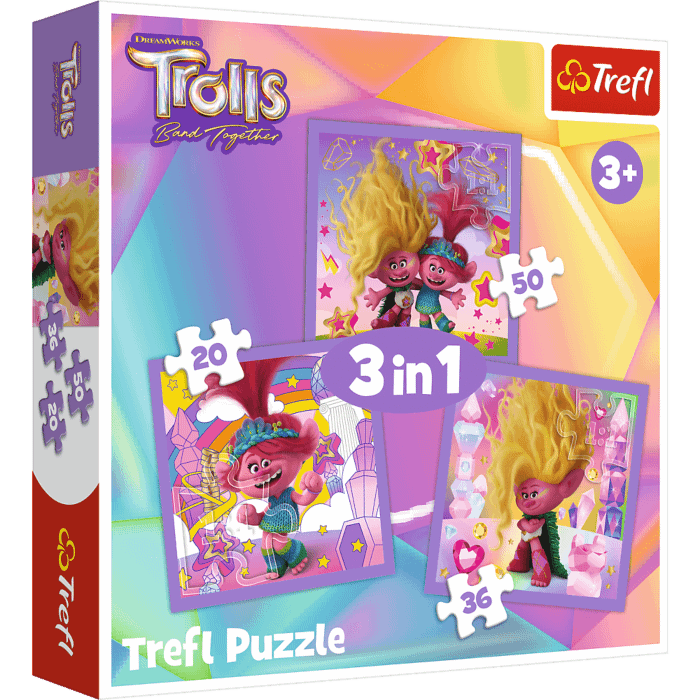 Puzzle 3w1 Trolls Poznaj wesołe Trolle