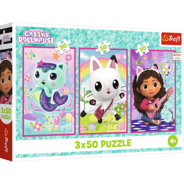 Puzzle Koci Domek Gabi 3 x 50 el. Poznajcie Gabby i kotki - opakowanie